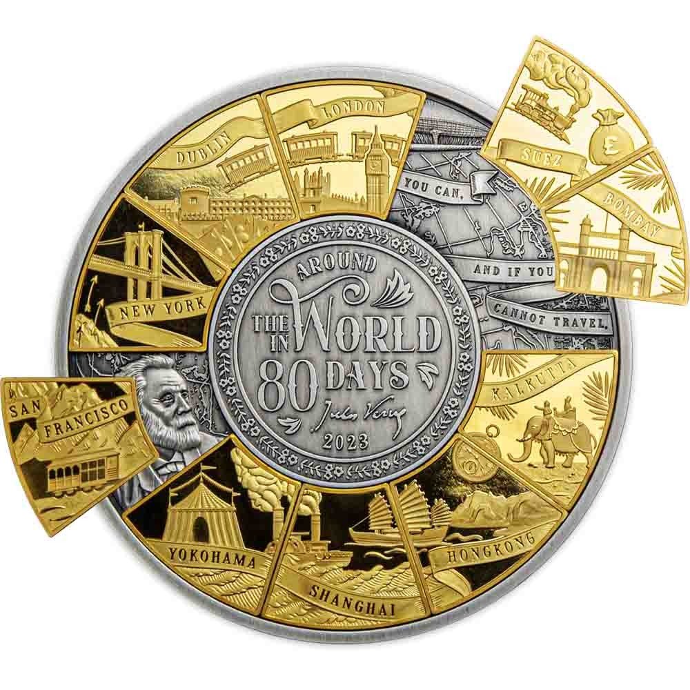 2023 180 Gram Antique Djibouti Silver Around the World in 80 Days Coin (Box + CoA, Gold Plated) - Image 2