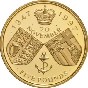 Gold Five Pound Proof Crown set Diamond and Golden Wedding Anniversary 1997 + 2007 Boxed